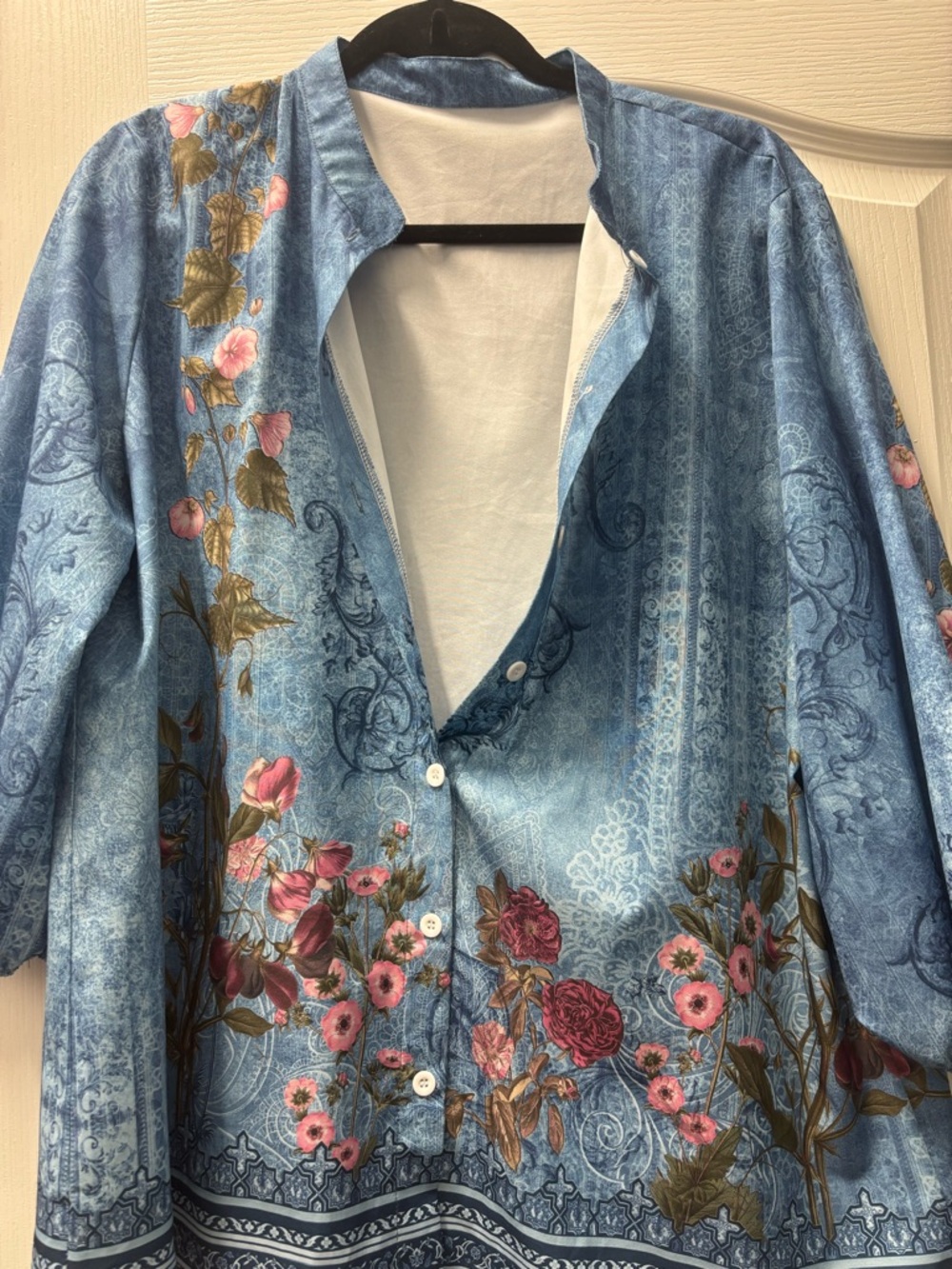 Blue Floral Button-Front Top with Pink Rose Print